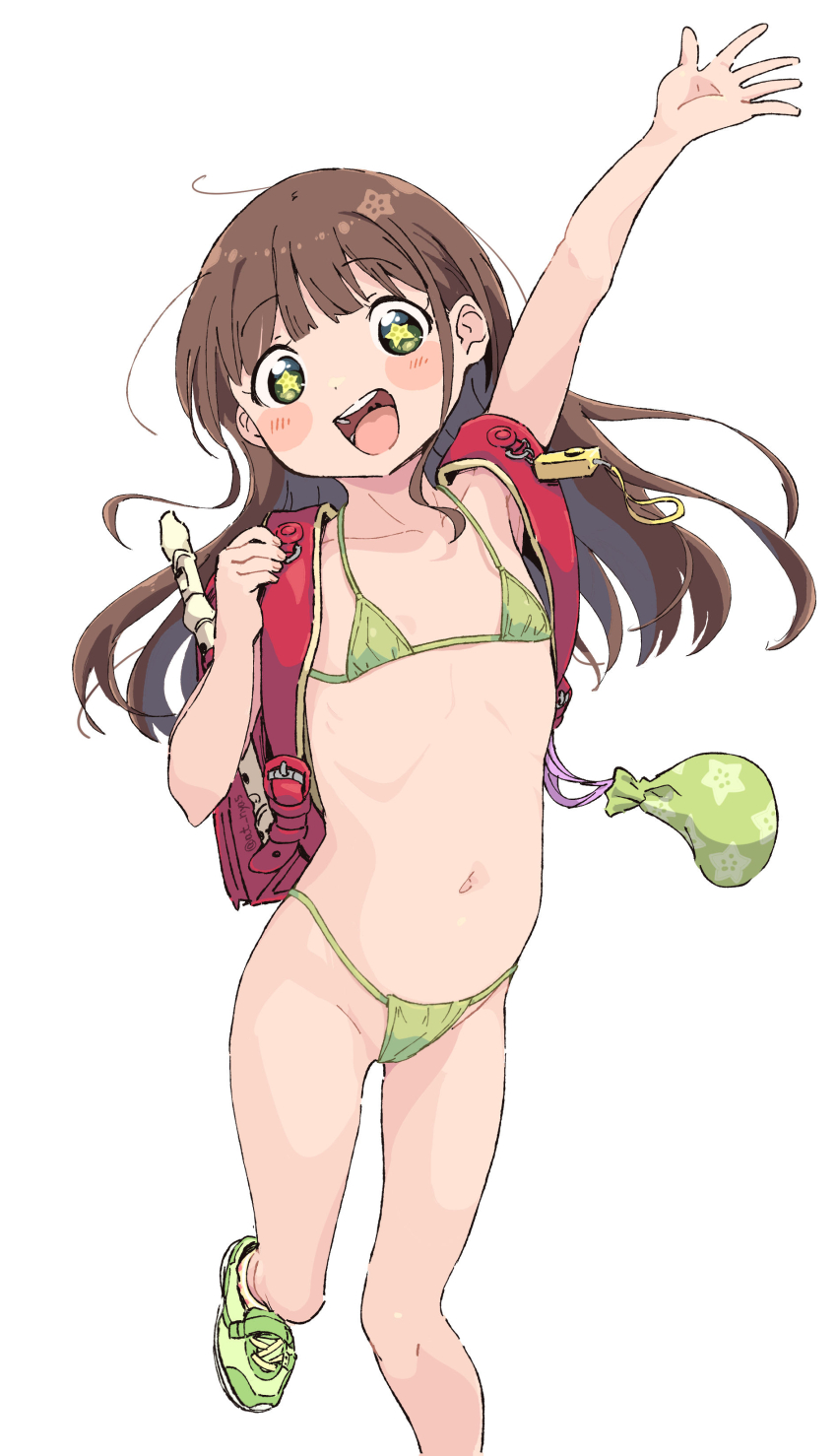 1girl :d absurdres arm_up backpack bag bikini brown_hair cameltoe crime_prevention_buzzer drawstring drawstring_bag flat_chest flute green_bikini green_shoes highres instrument loli long_hair micro_bikini navel okura-chan_(at_nya5) okura-chan_(at_nya5)_(character) open_mouth original randoseru recorder shoes simple_background smile sneakers solo standing standing_on_one_leg swimsuit symbol-shaped_pupils waving white_background