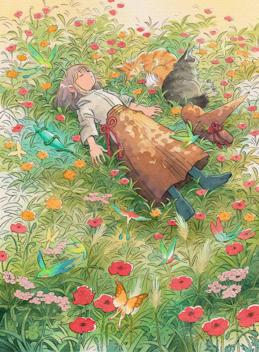 1girl animal bird bow brown_hair brown_hat brown_skirt bug butterfly cat closed_eyes closed_mouth commentary dappled_sunlight day english_commentary field flower flower_field flying full_body green_bird green_butterfly green_socks grey_cat hat hat_bow heikala highres hummingbird insect long_skirt lying magic:_the_gathering meadow medium_hair official_art on_back on_grass on_ground orange_butterfly orange_cat orange_flower outdoors painting_(medium) pink_flower red_bird red_bow red_flower shirt skirt sleeping_animal socks solo staff sunlight three-quarter_sleeves traditional_media unworn_hat unworn_headwear waist_bow watercolor_(medium) white_shirt witch_hat yellow_butterfly