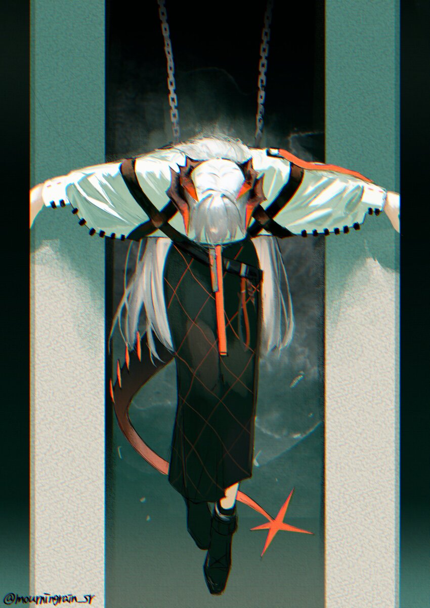 1girl absurdres arknights black_shoes chain chromatic_aberration hanging highres horns long_hair mourningrain_sr multiple_horns outstretched_arms saria_(arknights) shoes solo spread_arms tail twitter_username very_long_hair white_hair