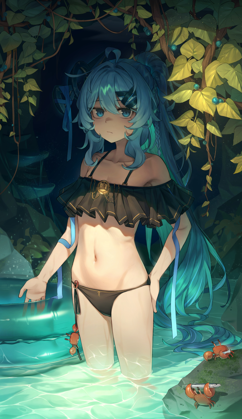 1girl absurdres ahisha_(di_le_to) ahoge armpits bare_shoulders bikini black_bikini blue_eyes blue_hair braid closed_mouth collarbone colored_inner_hair crab di_le_to expressionless flat_chest frilled_bikini frills hair_ornament hair_ribbon hand_on_own_hip highres innertube long_hair looking_at_viewer mole mole_under_eye multicolored_hair navel off_shoulder original ponytail ribbon side-tie_bikini_bottom slit_pupils solo standing stomach string_bikini swim_ring swimsuit thighs very_long_hair wading water wet