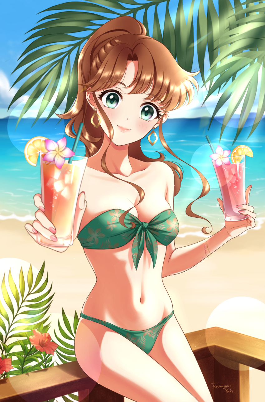 1girl beach bikini bishoujo_senshi_sailor_moon blue_sky breasts brown_hair cleavage cloud day drink foreshortening front-tie_bikini_top front-tie_top green_eyes highres horizon kino_makoto long_hair medium_breasts ocean outdoors ponytail railing sidelocks sky smile solo strapless strapless_bikini swimsuit tsumagari_yuki