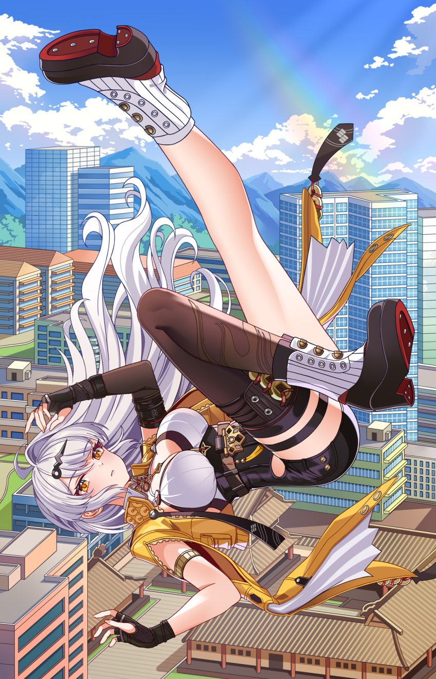 1girl ahoge asymmetrical_gloves black_gloves black_shorts black_thighhighs blue_sky boots breasts closed_mouth collar commentary day elbow_gloves feng_shao_kky_(arj0522) fingerless_gloves floating_hair full_body gloves hair_floating_upwards hair_ornament hands_up high-waist_shorts highres jacket large_breasts midair shirt shorts sidelocks single_elbow_glove single_hair_intake single_thighhigh sky solo thigh_strap thighhighs thighs uneven_gloves white_collar white_shirt yellow_eyes yellow_jacket yixuan_(zenless_zone_zero) zenless_zone_zero