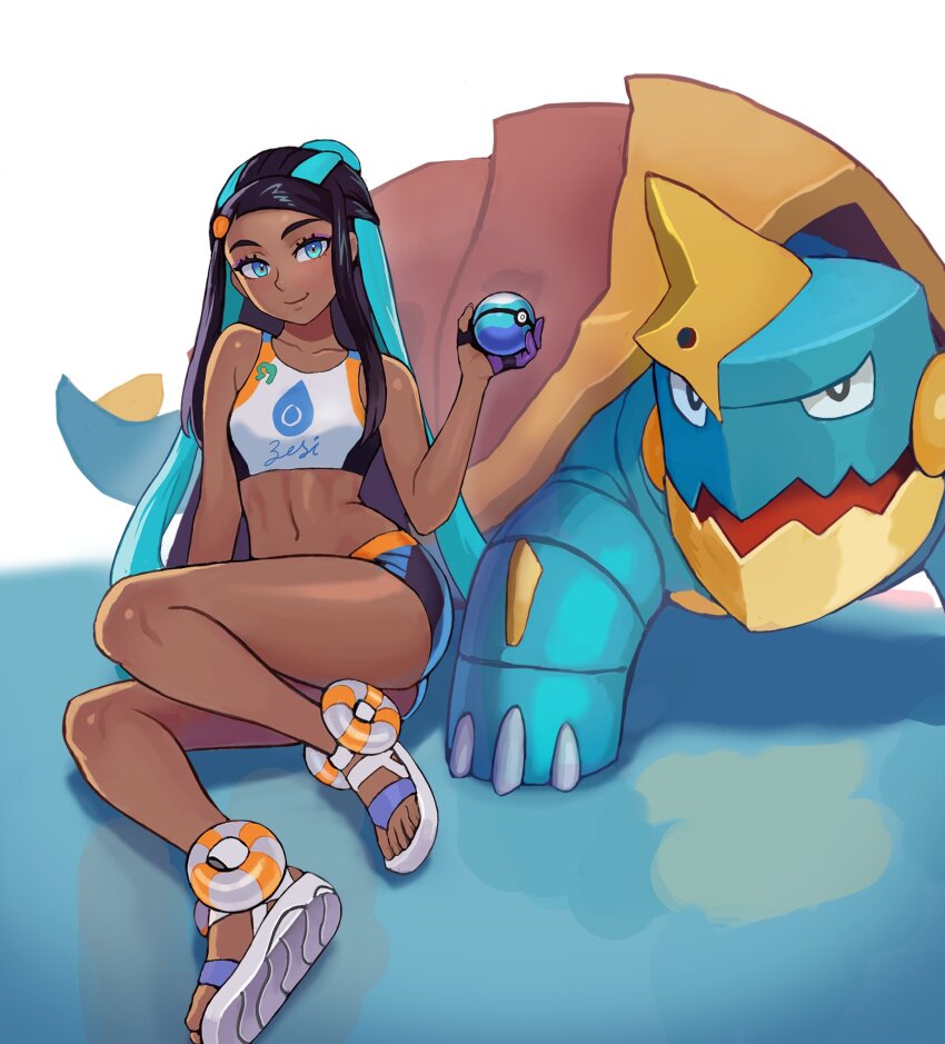 1girl aqua_skin ass bare_arms bare_legs black_hair blue_eyes blue_eyeshadow blue_hair colored_skin crop_top dark-skinned_female dark_skin dive_ball drednaw eyeshadow fangs gen_8_pokemon gloves hair_bun highres holding holding_poke_ball horns long_hair makeup midriff multicolored_hair nessa_(pokemon) nintendo parted_hair poke_ball pokemon pokemon_(creature) pokemon_swsh shorts single_glove single_hair_bun single_horn skin_fangs smile turtle two-tone_hair watcher_hollow
