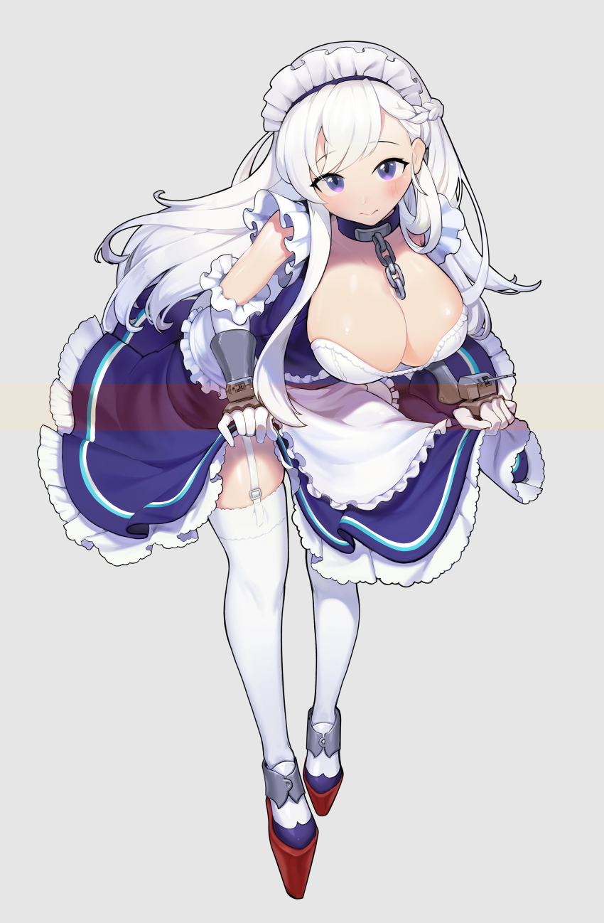 1girl absurdres apron azur_lane belfast_(azur_lane) bent_over blue_dress blue_eyes blush braid breasts chain cleavage clothes_lift clothes_pull collar collarbone commentary detached_sleeves dress dress_lift dress_pull female_focus french_braid frills full_body gloves grey_background guamon highres huge_breasts large_breasts long_hair looking_at_viewer maid maid_headdress sleeveless solo standing thighhighs white_apron white_gloves white_hair white_thighhighs