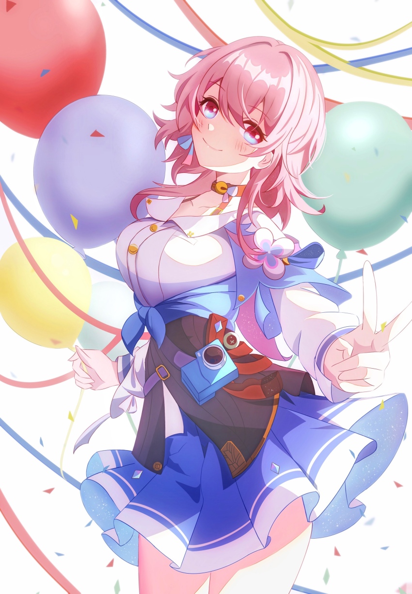 1girl absurdres badge balloon black_choker black_corset blue_eyes blue_jacket blue_skirt blush breasts button_badge buttons camera chinese_commentary choker collarbone commentary_request corset cowboy_shot earrings euzh266 flower_ornament hair_between_eyes highres honkai:_star_rail honkai_(series) jacket jewelry long_sleeves looking_at_viewer march_7th_(honkai:_star_rail) march_7th_(preservation)_(honkai:_star_rail) medium_breasts medium_hair miniskirt multicolored_eyes pink_eyes pink_hair pleated_skirt shirt single_earring skirt solo tied_jacket two-tone_eyes underbust v white_shirt