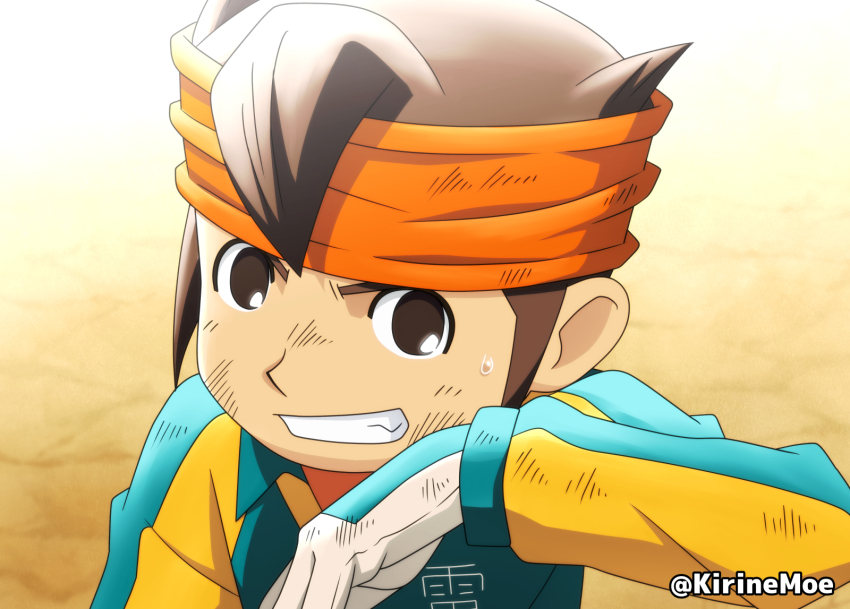 1boy brown_eyes brown_hair dirty dirty_clothes dirty_face endou_mamoru gloves goalkeeper headband highres inazuma_eleven inazuma_eleven_(series) kirinemoe looking_at_viewer male_focus orange_headband parted_lips portrait raimon shirt soccer_uniform solo sportswear sweatdrop twitter_username