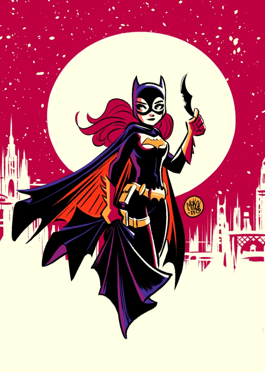 1girl artist_name barbara_gordon batarang batgirl batman_symbol belt black_eyes bodysuit breasts cape cityscape colored_skin commentary dated dc_comics full_moon gloves highres long_hair mask medium_breasts mikemaihack moon night night_sky overexposure pouch red_hair red_skin sky snowing solo superhero_costume symbol-only_commentary thigh_strap utility_belt