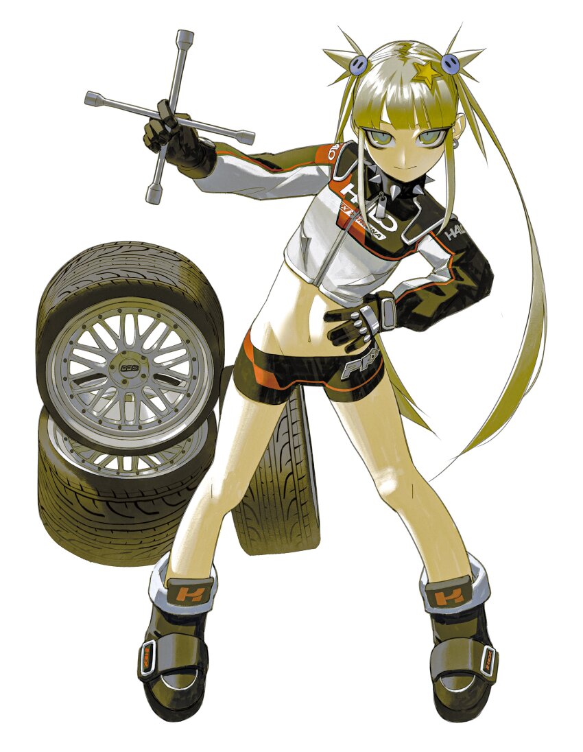 1girl abs absurdres black_gloves black_jacket black_shorts blonde_hair blue_eyes blunt_bangs closed_mouth clothes_writing collar cropped_jacket dress earrings expressionless from_above full_body gloves green_dress hair_ornament hand_on_own_hip high_tops highres holding holding_tool holding_wrench jacket jewelry jitome leaning_to_the_side light_smile long_hair long_sleeves looking_at_viewer looking_up lowleg lowleg_shorts lug_wrench mechanic midriff multicolored_eyes multicolored_jacket navel original red_jacket red_shoes shoes shorts sidelocks sneakers solo spiked_collar spikes spread_legs standing star_(symbol) star_hair_ornament tools twintails two-tone_eyes unused_tire upturned_eyes very_long_hair vinne wheel white_jacket white_shoes wrench y2k_fashion zipper_pull_tab