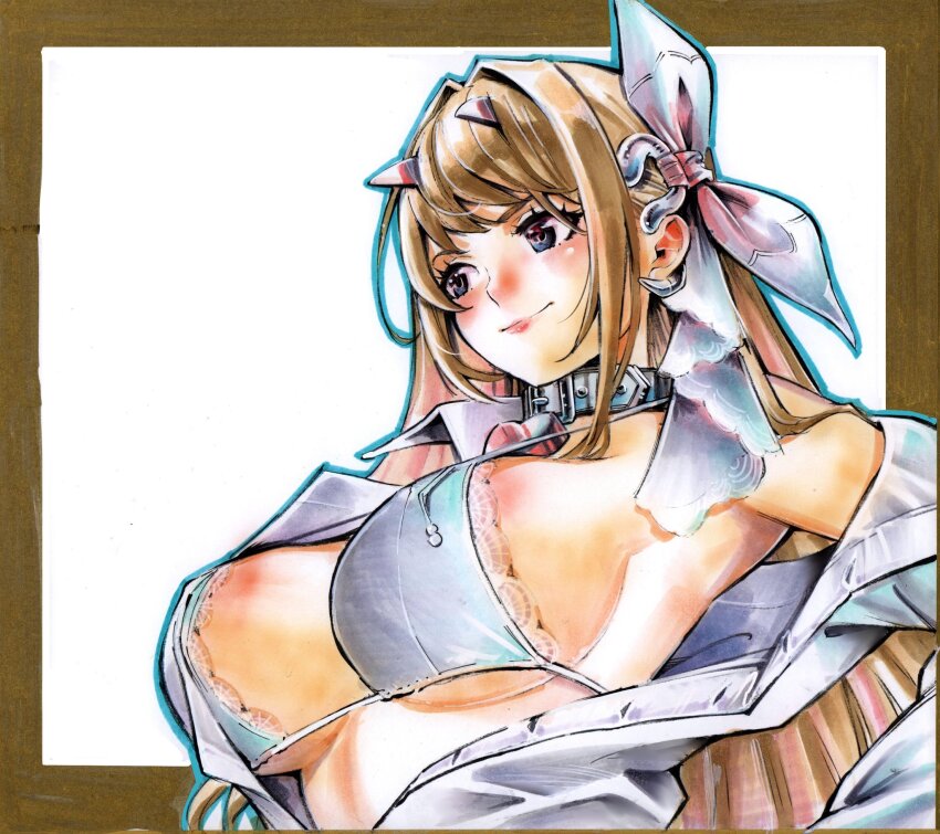 1girl bikini blue_eyes blush border breasts brown_hair closed_mouth collar commentary commentary_typo english_commentary goddess_of_victory:_nikke hair_intakes hair_ribbon heart_collar highres horns lace lace-trimmed_bikini lace_trim large_breasts light_smile lips long_hair marker_(medium) official_alternate_costume open_clothes open_shirt ribbon rodrigo_yoshimiya shirt sideboob simple_background single_off_shoulder solo swimsuit traditional_media upper_body viper_(nikke) viper_(shine_of_love)_(nikke) white_background white_bikini white_ribbon white_shirt