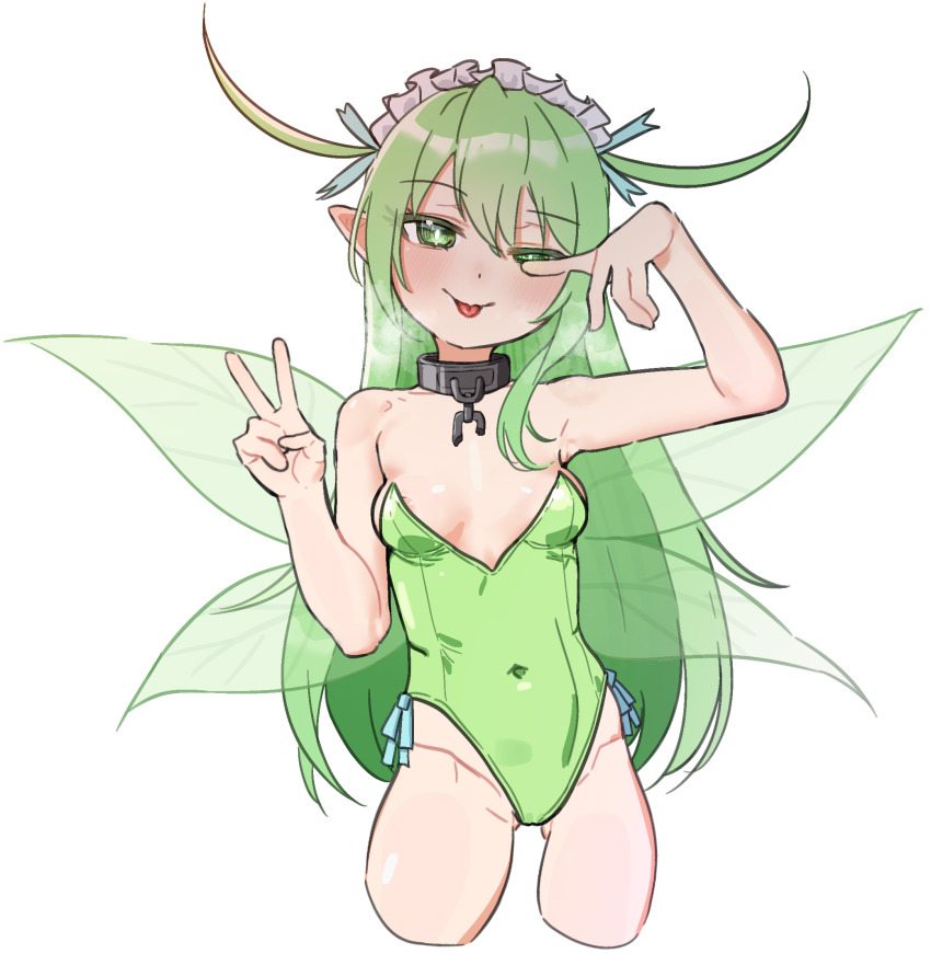 1girl arm_up bare_shoulders black_souls black_souls_2 breasts breasts_apart collar commentary_request covered_navel cropped_legs fairy fairy_wings gluteal_fold green_eyes green_hair green_leotard hand_up highres leaf_(black_souls) leotard long_hair looking_at_viewer maid_headdress metal_collar otaichiichi pointy_ears solo tongue tongue_out v wings