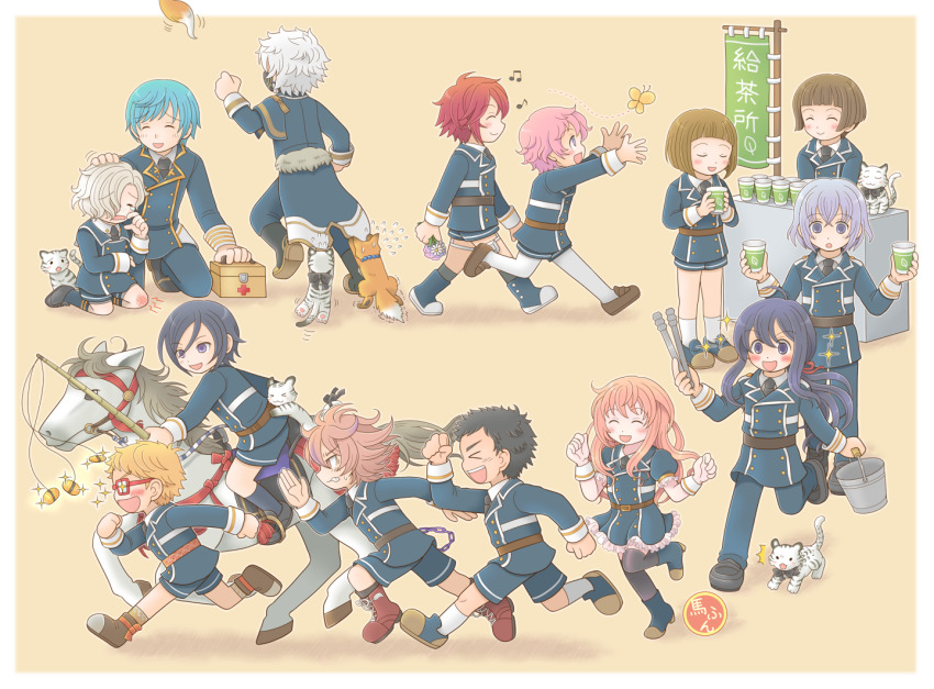 6+boys akita_toushirou atsushi_toushirou black_bow black_hair black_necktie blonde_hair blue_hair blush bow brown_footwear bruise_on_knee bucket bug butterfly closed_eyes cup first_aid_kit flower fox gokotai gokotai&#039;s_tigers gotou_toushirou hakata_toushirou hirano_toushirou holding holding_bucket holding_cup holding_flower holding_tongs honebami_toushirou horse ichigo_hitofuri insect kuro5337 maeda_toushirou midare_toushirou military_uniform multiple_boys musical_note nakigitsune nakigitsune&#039;s_fox namazuo_toushirou necktie open_mouth pink_hair purple_eyes red-framed_eyewear red_hair shinano_toushirou shorts smile tiger tongs touken_ranbu white_hair white_tiger yagen_toushirou