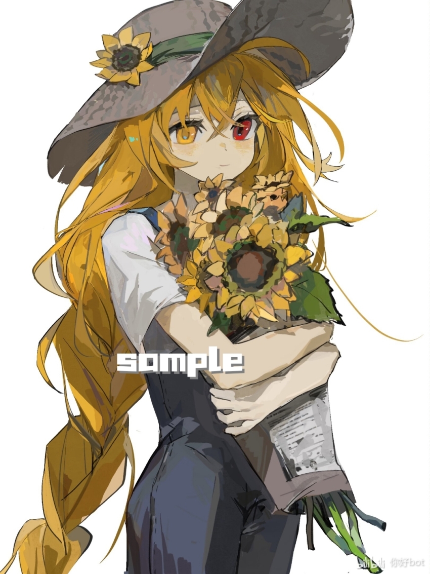 1girl blonde_hair blush bouquet chinese_commentary commentary_request crossed_arms dot_nose flower flower_on_head hair_between_eyes hat heterochromia highres holding holding_flower indie_virtual_youtuber kaofish long_bangs long_braid long_hair looking_at_viewer nihao_bot overalls red_eyes sample_watermark short_sleeves simple_background sunflower upper_body very_long_hair watermark white_background yellow_eyes