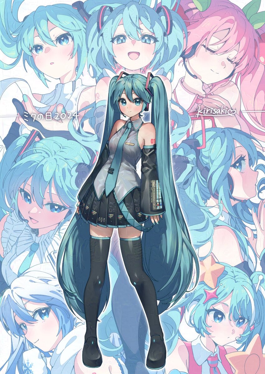6+girls aqua_belt aqua_eyes aqua_hair aqua_necktie artist_name bare_shoulders belt black_footwear black_skirt black_sleeves blue_eyes blue_hair blue_nails blue_trim blush boots breasts bridal_gauntlets commentary contrapposto detached_sleeves english_commentary frilled_shirt frills hair_between_eyes hair_ornament hatsune_miku hatsune_miku_(append) headset highres kirisaki_shuusei long_hair long_sleeves looking_ahead looking_at_viewer magical_mirai_miku magical_mirai_miku_(2022) medium_breasts miku_day miniskirt multiple_girls necktie number_tattoo open_mouth parted_lips pink_hair pink_necktie pink_shirt pink_trim pleated_skirt sakura_miku shirt shoulder_tattoo sidelocks sideways_glance skirt sleeveless sleeveless_shirt sleeves_past_wrists smile snowflake_print star_(symbol) star_hair_ornament striped_necktie tattoo thigh_boots thighhighs tie_clip very_long_hair vocaloid vocaloid_append white_shirt yuki_miku zettai_ryouiki