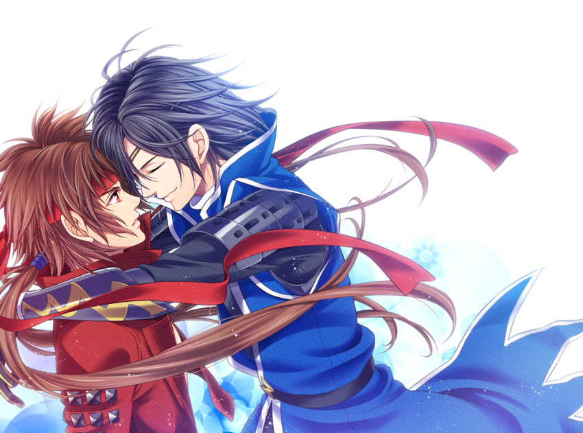 2boys arms_around_neck black_hair brown_hair closed_eyes date_masamune_(sengoku_basara) floating_hair headband jacket long_hair looking_at_another low_ponytail male_focus multiple_boys parted_lips ponytail red_eyes red_headband red_jacket sanada_yukimura_(sengoku_basara) sengoku_basara short_hair simple_background smile warabi_(waradoko) white_background yaoi