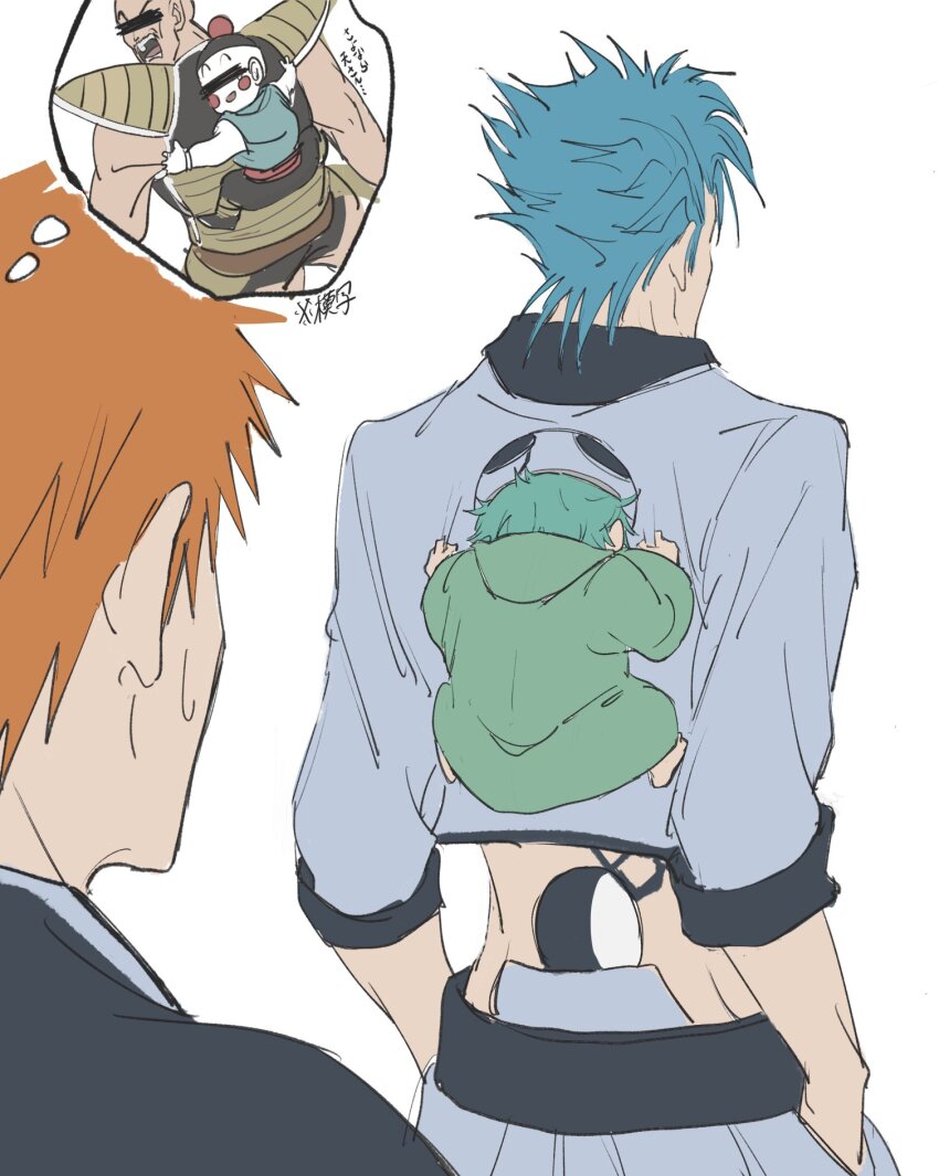 1girl 2boys arrancar back bar_censor barefoot black_shirt bleach blue_hair censored censored_identity chaozu child dragon_ball dragonball_z facial_hair green_hair grimmjow_jaegerjaquez hands_in_pockets highres hood hood_down hoodie inutaro63 jacket kurosaki_ichigo looking_back multiple_boys mustache nappa nelliel_tu_odelschwanck obi open_mouth orange_hair pale_skin saiyan_armor sash shirt skull_on_head sleeveless sleeves_rolled_up smock speech_bubble sweatdrop tattoo thought_bubble white_background white_jacket