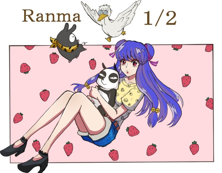 1girl 5iwueuhbhkjvglx bell bird black_footwear blue_shorts brown_eyes copyright_name double_bun duck food fruit hair_bell hair_bun hair_ornament high_heels long_hair mousse_(duck)_(ranma_1/2) p-chan panda parted_lips pig purple_hair ranma_1/2 saotome_genma_(panda) scarf shampoo_(ranma_1/2) shirt shorts sidelocks strawberry strawberry_background yellow_shirt