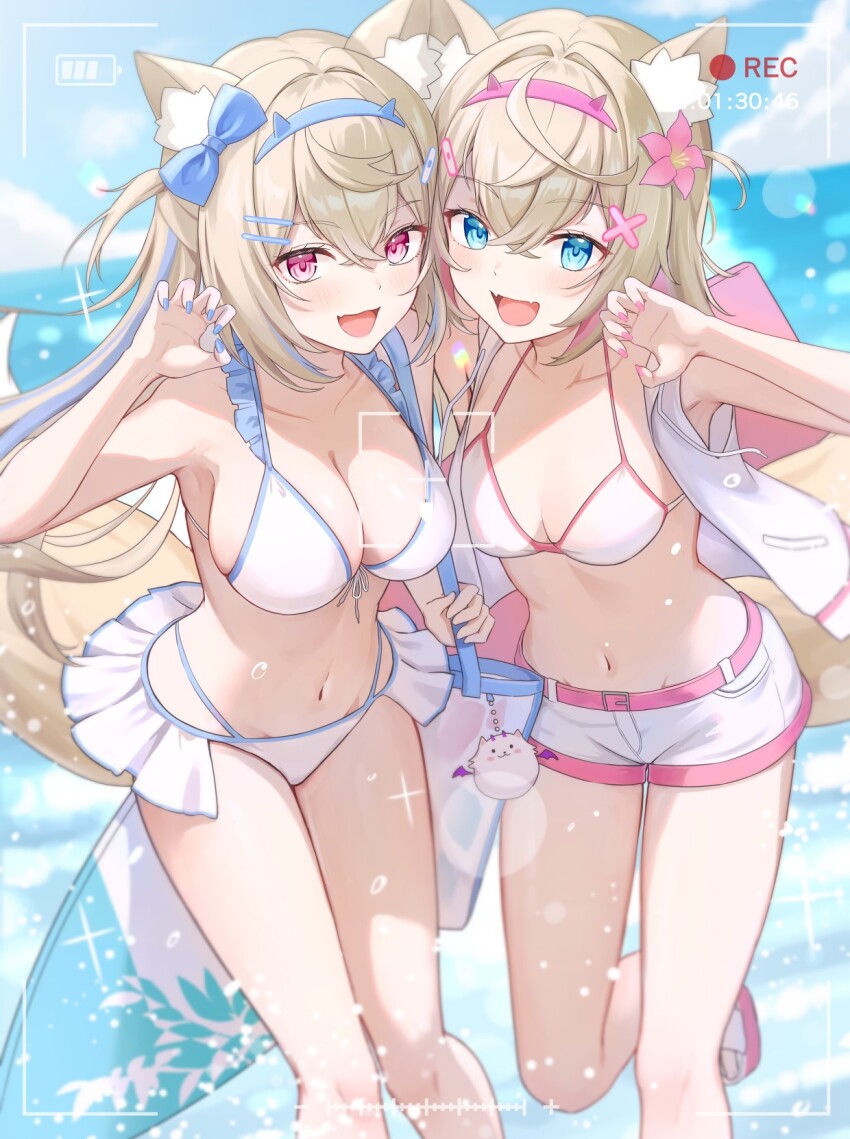 2girls animal_ear_fluff animal_ears bag beach bikini blonde_hair blue_bow blue_eyes blue_nails bow breasts cloud collarbone commentary crossed_bangs dog_ears dog_girl flower fuwawa_abyssgard hair_bow hair_flower hair_ornament hairclip highres holding holding_bag hololive hololive_english jacket large_breasts medium_breasts midriff mococo_abyssgard multicolored_hair multiple_girls navel ocean open_clothes open_jacket open_mouth perroccino_(fuwamoco) pink_eyes pink_flower pink_nails pink_sandals recording sandals shorts siblings sisters sky smile streaked_hair surfboard swimsuit tokisaka_makoto twins virtual_youtuber white_bikini white_jacket white_shorts