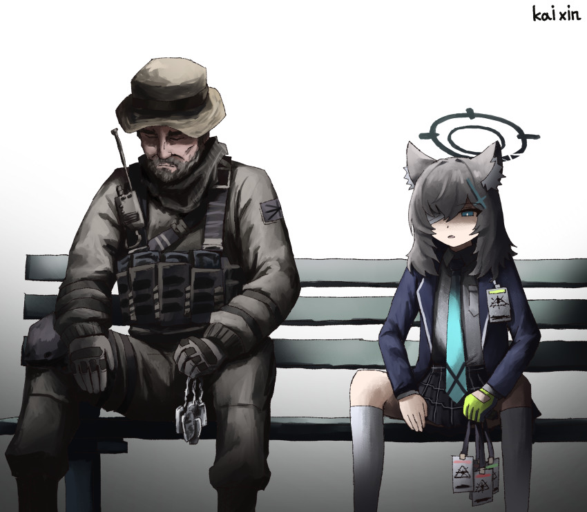 1boy 1girl absurdres ammunition_pouch animal_ear_fluff animal_ears bandage_over_one_eye beard blue_archive blue_eyes blue_jacket blue_necktie blue_skirt bulletproof_vest call_of_duty captain_price cross_hair_ornament dog_tags facial_hair gloves green_gloves green_hat green_jacket green_pants grey_hair hair_between_eyes hair_ornament hat highres holding_dog_tags holding_id_card jacket kai_xin kneehighs long_hair necktie pants plaid_clothes plaid_skirt pouch shaded_face shiroko_(blue_archive) shirt sidelocks single_glove sitting skirt socks white_shirt white_socks wolf_ears wolf_girl