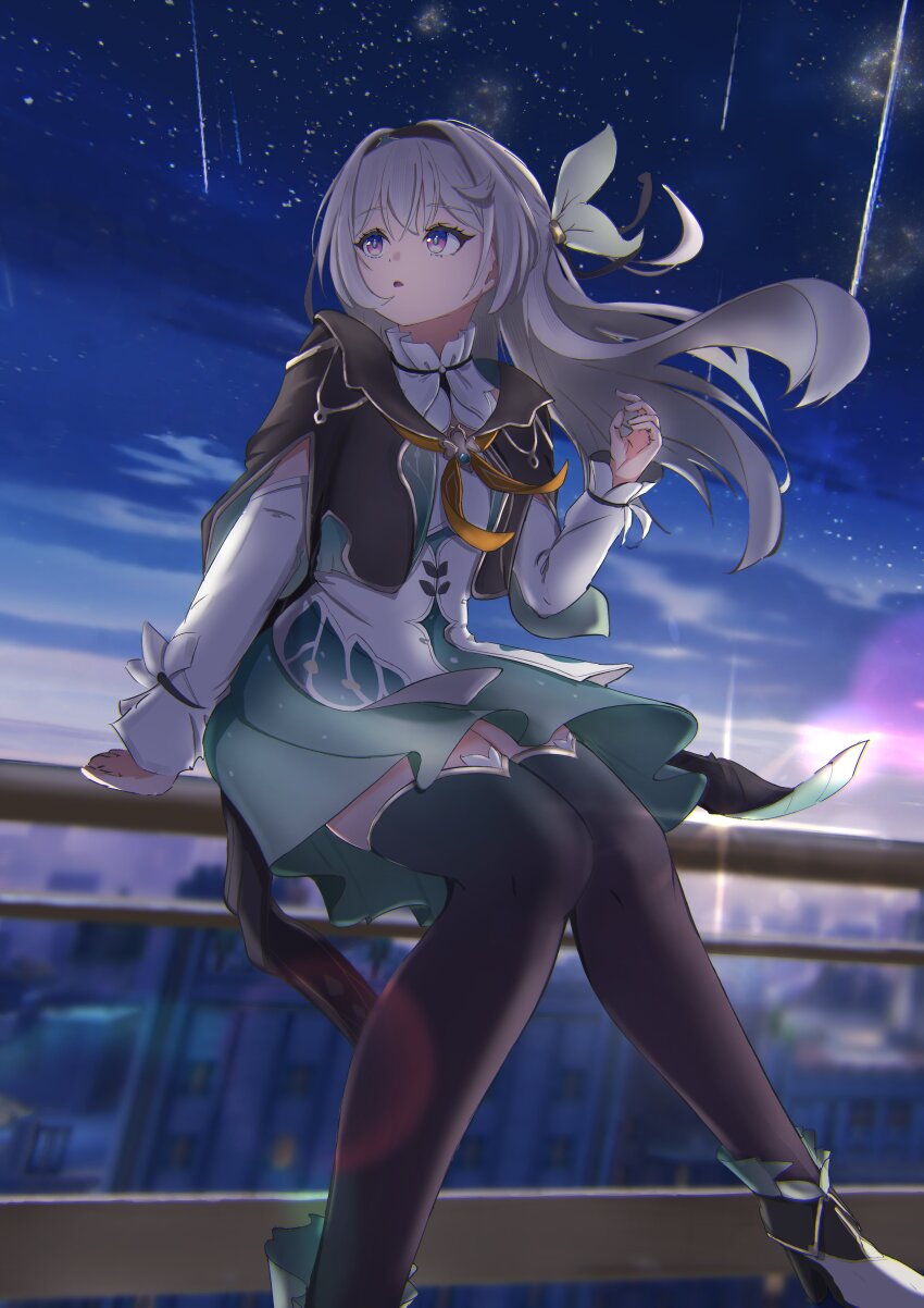 1girl :o absurdres aqua_dress black_hairband black_ribbon cloud cloudy_sky collar collared_dress detached_sleeves dress firefly_(honkai:_star_rail) frilled_sleeves frills gradient_thighhighs grey_hair hair_between_eyes hair_intakes hair_ornament hair_ribbon hairband hand_on_railing highres honkai:_star_rail honkai_(series) ich1_1231 long_sleeves looking_up multicolored_thighhighs neckerchief on_railing open_mouth orange_neckerchief railing ribbon rooftop shooting_star sky star_(sky) starry_sky white_collar