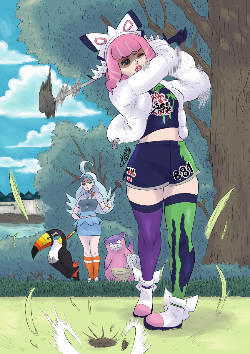 2girls absurdres ahoge artist_name asymmetrical_legwear bird blue_eyes blue_hair blue_hat blue_skirt breasts buttons collared_shirt colored_skin drill_hair eyeshadow flipped_hair fur_jacket galarian_slowbro gen_7_pokemon gloves golf_club hat highres holding holding_golf_club jacket kahili_(pokemon) karma_illusion klara_(pokemon) light_blue_hair long_hair makeup medium_breasts midriff_peek mismatched_legwear mole mole_under_eye mole_under_mouth multicolored_skin multiple_girls nintendo one_eye_closed orange_socks pencil_skirt pink_eyeshadow pink_hair pink_lips pink_skin pokemon pokemon_(creature) pokemon_sm pokemon_swsh print_shirt print_shorts print_thighhighs purple_eyes shaded_face shirt short_hair short_sleeves shorts side_slit side_slit_shorts signature single_glove sketch skirt socks striped_clothes striped_shirt tail thighhighs toucan toucannon twin_drills two-tone_skin visor_cap