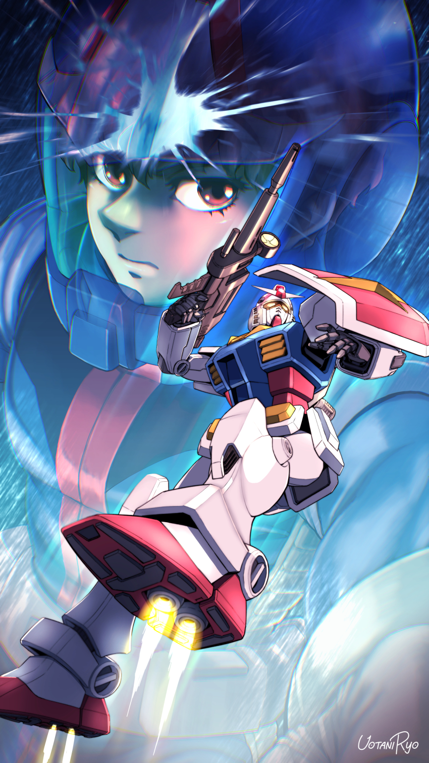 1boy absurdres amuro_ray arm_shield artist_name beam_rifle brown_eyes earth_federation energy_gun fire frown gachirin gloves green_gloves gun gundam helmet highres holding holding_gun holding_weapon looking_at_viewer male_focus mecha mecha_pilot_suit mobile_suit mobile_suit_gundam newtype_flash normal_suit_(gundam) pilot_suit robot rx-78-2_gundam thrusters v-fin weapon yellow_eyes