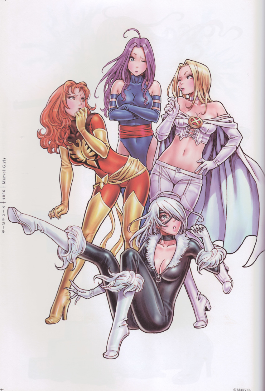 4girls :o ;p absurdres ahoge animification bare_shoulders bent_over bird black_cat_(marvel) blonde_hair blue_eyes blue_gloves blue_legwear blue_leotard blush bodysuit boots breasts cape choker claws cleavage corset covered_navel covering_own_mouth crop_top cross-laced_clothes crossed_arms crossover dark_phoenix elbow_gloves emma_frost eye_contact felicia_hardy full_body fur_trim gloves hair_over_one_eye hand_on_own_hip hand_over_own_mouth high_heels highres jean_grey knee_boots kotobukiya_bishoujo large_breasts leg_lift leg_up leotard long_hair looking_at_another marvel mask midriff multiple_girls navel ninja non-web_source off_shoulder one_eye_closed open_mouth orange_eyes orange_hair pants parted_lips phoenix psylocke purple_hair sarong sash simple_background sitting skin_tight spider-man_(series) standing standing_on_one_leg superhero_costume thigh_boots thighhighs tongue tongue_out turtleneck white_background white_gloves white_hair white_legwear x-men yamashita_shun&#039;ya yellow_boots yellow_gloves yellow_legwear zipper