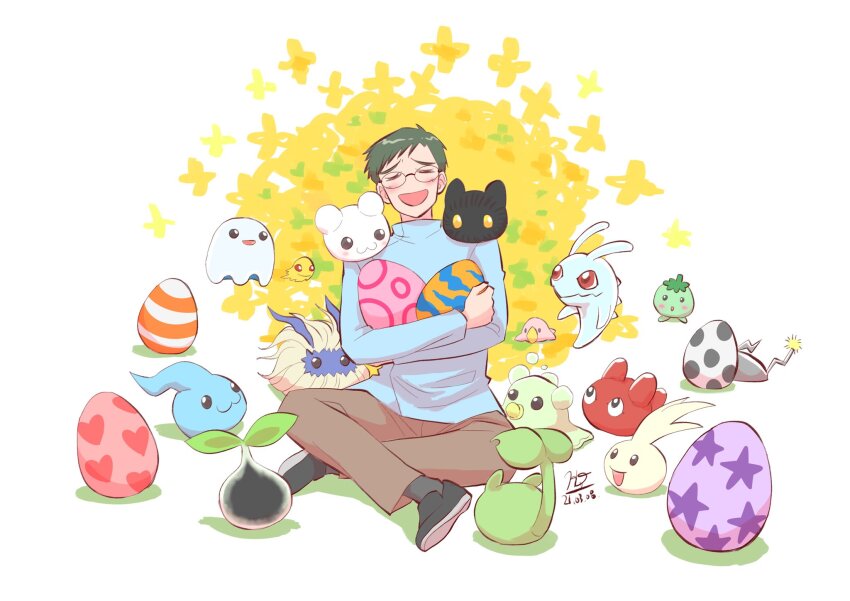 botamon bubbmon chicomon choromon closed_eyes digimon digimon_(creature) digitama egg flower glasses highres kido_shuu leafmon nyokimon open_mouth pipimon pitchmon poyomon punimon pururumon tsubumon yukimibotamon yuramon zurumon