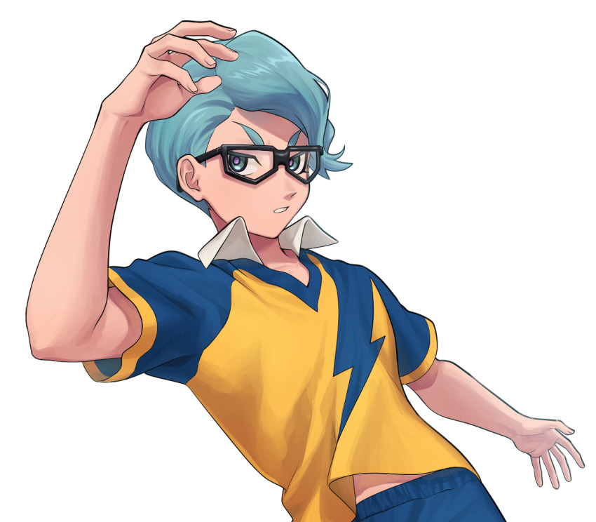 1boy aqua_eyes aqua_hair blue_shorts collar glasses hand_up inazuma_eleven_(series) inazuma_eleven_victory_road kokuro_(kosyari) male_focus purple_pupils raimon raimon_soccer_uniform shirt short_sleeves shorts simple_background soccer_uniform solo sportswear toono_zenya twitter_username upper_body white_background white_collar yellow_shirt