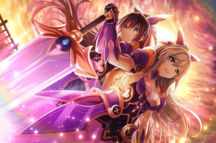 2girls armor armored_dress bow breasts cosplay d4dj date_a_live dress dusk dutch_angle game_cg hair_between_eyes hair_bow light_particles long_hair looking_at_viewer medium_breasts multiple_girls niijima_ibuki official_art open_mouth outdoors purple_eyes purple_hair shoulder_armor smile third-party_source white_hair yatogami_tohka yatogami_tohka_(cosplay)