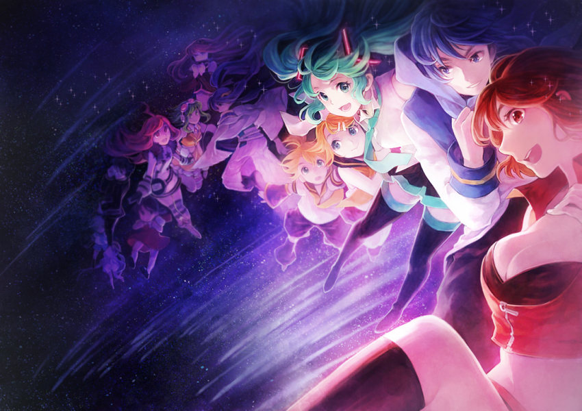5boys 6+girls bad_id bad_pixiv_id blonde_hair blue_eyes breasts cleavage crossover everyone floating green_eyes green_hair gumi hakou_(barasensou) hatsune_miku hiyama_kiyoteru kaai_yuki kagamine_len kagamine_rin kaito_(vocaloid) kamui_gakupo megurine_luka meiko_(vocaloid) multiple_boys multiple_girls ponytail purple_eyes purple_hair red_eyes red_hair sf-a2_miki shooting_star smile space star_(sky) tsukuyomi_ai tsukuyomi_shouta twintails vocaloid