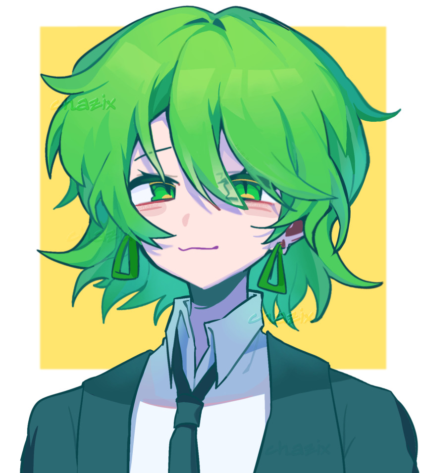 16personalities 1girl aegyo_sal border campaigner_(16personalities) chazix chinese_commentary collared_shirt commentary_request earrings formal_clothes green_eyes green_hair green_theme highres jewelry looking_at_viewer myers-briggs_type_indicator necktie personification shirt short_hair simple_background solo suit upper_body watermark white_border yellow_background
