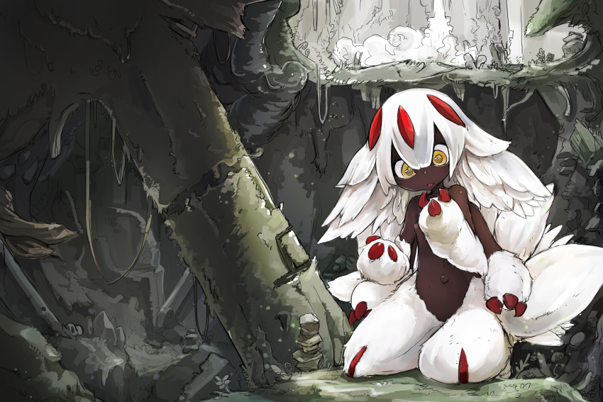 1girl absurdres black_skin colored_skin extra_arms faputa female_focus highres kneeling made_in_abyss monster_girl my700 navel outie_navel solo topless_female white_hair yellow_eyes