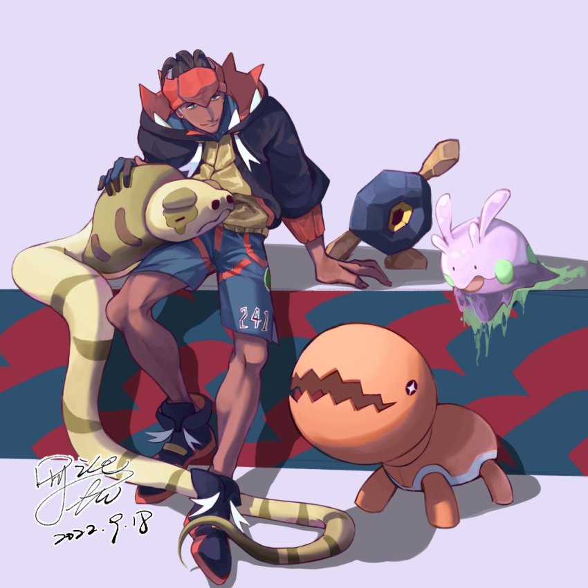 1boy arm_support black_footwear black_hoodie collared_shirt commentary_request coo2co2 dark-skinned_male dark_skin dated gen_3_pokemon gen_5_pokemon gen_6_pokemon gen_8_pokemon gloves goomy headband hood hoodie knees male_focus nintendo orange_headband parted_lips partially_fingerless_gloves pokemon pokemon_(creature) pokemon_swsh raihan_(pokemon) roggenrola shirt shoes short_hair shorts side_slit side_slit_shorts signature silicobra single_glove sitting slime_(substance) smile trapinch