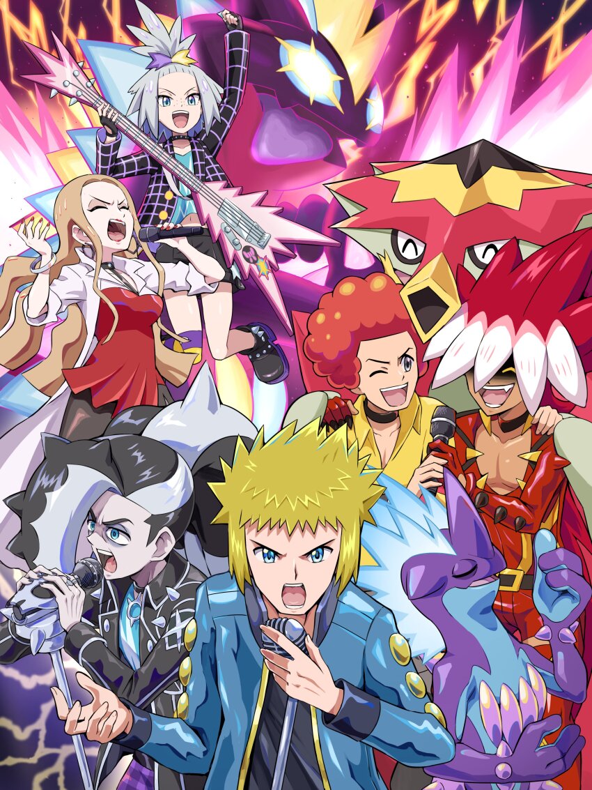 2girls 4boys :d ;d absurdres afro arm_up bass_guitar black_shirt blonde_hair blue_jacket boots closed_eyes coat commentary_request dynamax earrings fingerless_gloves flint_(pokemon) gen_7_pokemon gen_8_pokemon gigantamax gigantamax_toxtricity gloves highres holding holding_instrument holding_microphone instrument jacket jewelry long_hair long_sleeves microphone microphone_stand multicolored_hair multiple_boys multiple_girls nintendo oleana_(pokemon) one_eye_closed open_clothes open_jacket open_mouth piers_(pokemon) piers_(sygna_suit)_(pokemon) pokemoa pokemon pokemon_(creature) pokemon_dppt pokemon_masters_ex pokemon_sm pokemon_swsh red_shirt roxie_(pokemon) roxie_(sygna_suit)_(pokemon) ryuki_(pokemon) shirt short_hair shorts sidelocks smile spiked_hair teeth tongue toxtricity toxtricity_(low_key) turtonator two-tone_hair volkner_(pokemon) white_coat