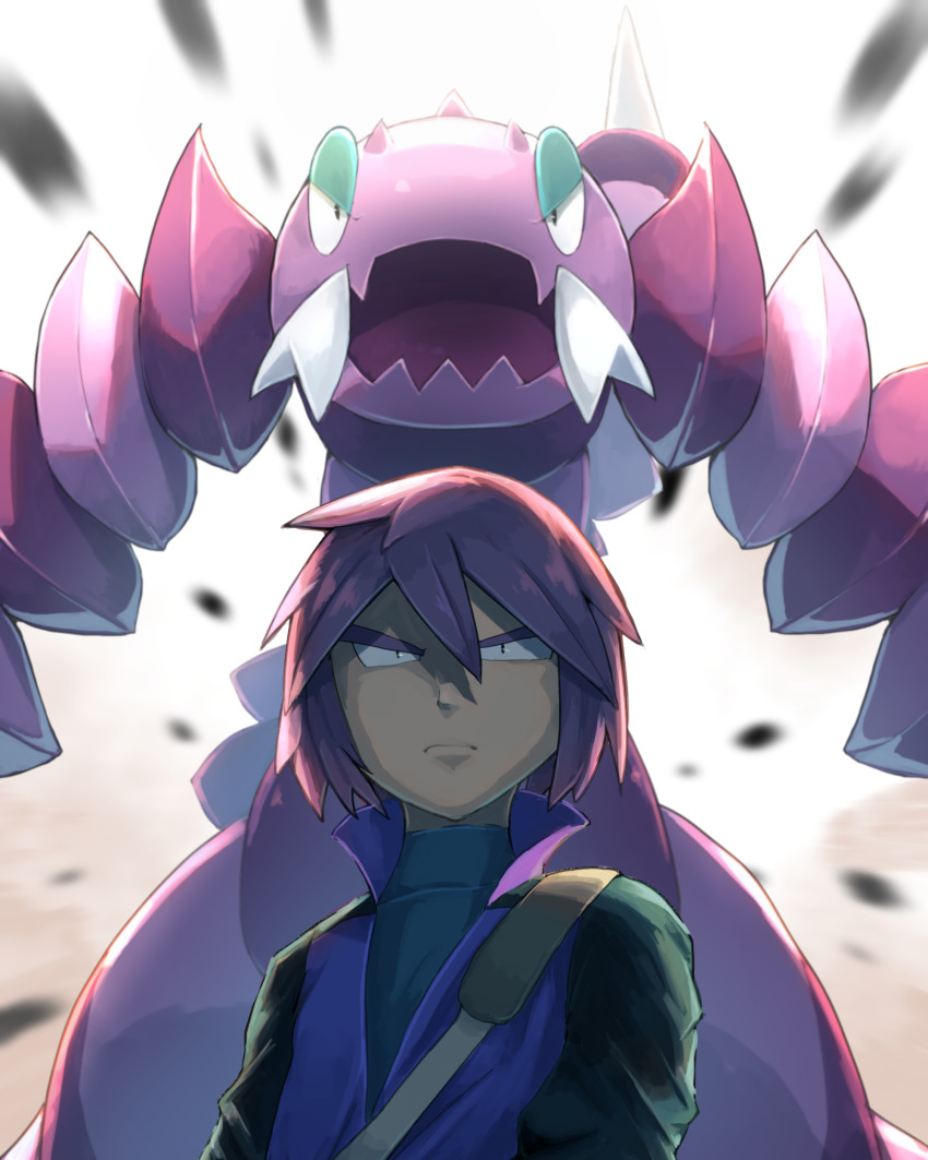 1boy absurdres bag blurry closed_mouth commentary drapion from_below gen_4_pokemon hair_between_eyes highres jacket male_focus nintendo no_842 paul_(pokemon) pokemon pokemon_(anime) pokemon_(creature) pokemon_dppt_(anime) popped_collar purple_hair purple_jacket short_hair shoulder_bag undershirt upper_body