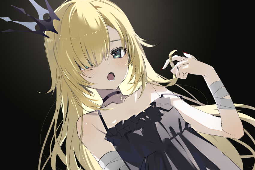 1boy bandaged_arm bandages black_background black_choker black_dress blonde_hair choker collarbone crossdressing crown dress fuubuu green_eyes hair_over_one_eye long_hair looking_at_viewer lower_teeth_only male_focus nail_polish nijisanji off_shoulder open_mouth red_nails sleeveless sleeveless_dress solo spaghetti_strap teeth trap twirling_hair upper_body uzuki_kou virtual_youtuber