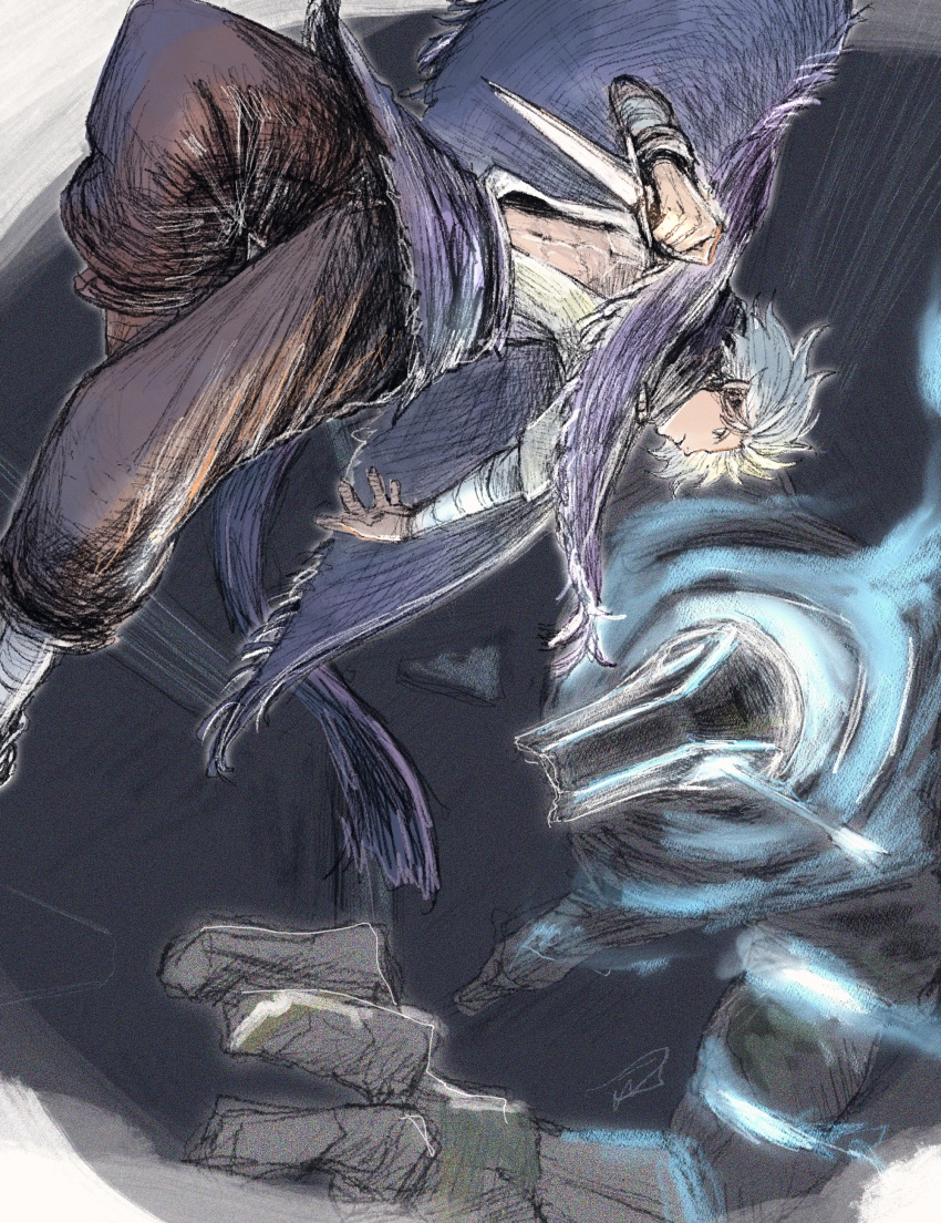 1boy 1other absurdres arrow_(projectile) arrow_in_body arrow_in_head bandaged_arm bandaged_leg bandages brown_pants commentary_request crosshatching dagger fighting floating_clothes fringe_trim glowing grey_background hatching_(texture) highres holding holding_dagger holding_knife holding_weapon imminent_attack knee_up knife looking_at_another object_through_head octopath_traveler octopath_traveler_i open_clothes open_shirt pants poncho profile purple_poncho purple_sash qqqqqli sash shirt shirt_tucked_in short_hair signature therion_(octopath_traveler) toned toned_male weapon white_hair white_shirt