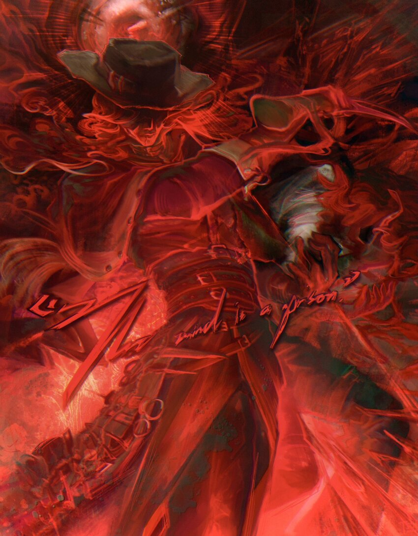 1boy aleph_(reverse:1999) black_hat cape covered_eyes cowboy_shot dark_background english_text floating_hair gloves hacksaw hair_over_eyes hams_(tfh_arts) hand_up hat highres holding_saw long_hair male_focus merlin_(reverse:1999) pants red_hair red_theme reverse:1999 saw shirt solo tool_kit