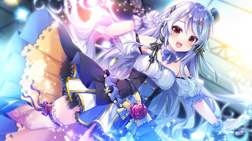1girl :d black_hat blue_bow blue_bowtie blush boots bow bowtie brown_eyes detached_collar floating_hair frilled_skirt frills game_cg gloves hair_bow hair_ribbon hat hoshi_no_otome_to_rikka_no_shimai idol knee_boots long_hair looking_at_viewer mini_hat multicolored_skirt mutou_kurihito nanotaro off-shoulder_shirt off_shoulder open_mouth ribbon shirt short_sleeves skirt smile solo stage standing striped_ribbon v very_long_hair white_gloves white_hair white_shirt yamabuki_alice yellow_bow