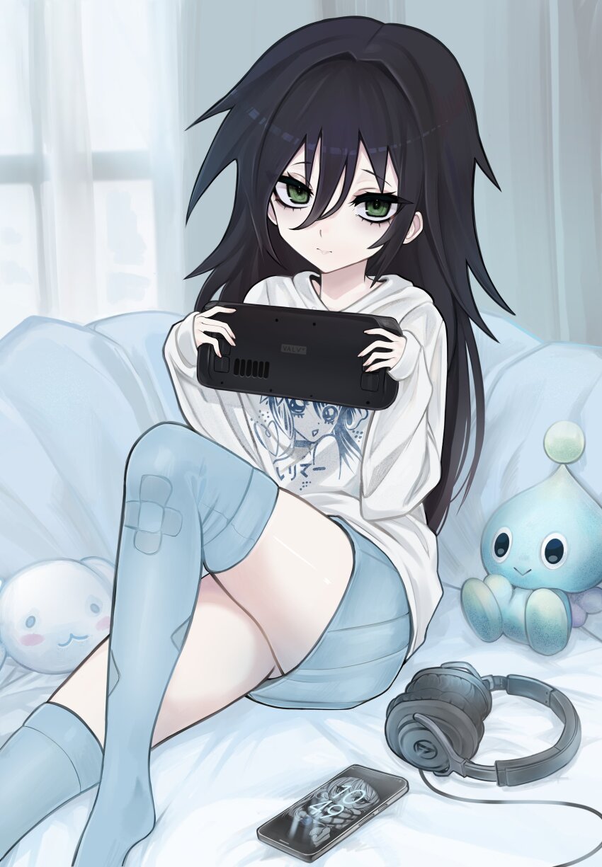 1girl absurdres black_hair blue_skirt blue_thighhighs chao_(sonic) cinnamoroll closed_mouth commentary english_commentary expressionless foot_out_of_frame fuwa_fuwa_cinnamoroll green_eyes grey_background hair_between_eyes handheld_game_console headphones highres holding holding_handheld_game_console indoors kuroki_tomoko lerimar long_bangs long_hair long_sleeves looking_at_viewer miniskirt sanrio shirt skirt solo sonic_(series) steam_deck thighhighs watashi_ga_motenai_no_wa_dou_kangaetemo_omaera_ga_warui! white_shirt