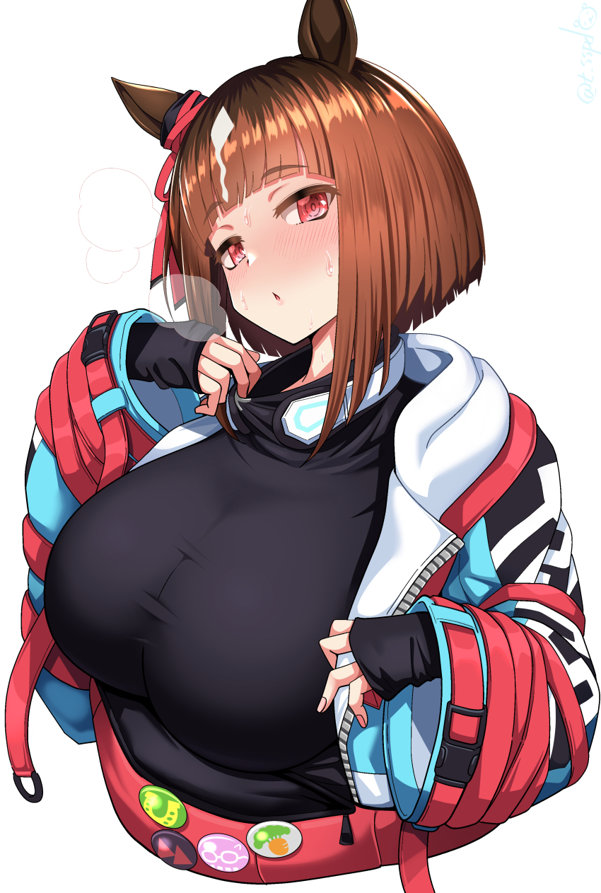 1girl absurdres animal_ears badge black_shirt blush bow breasts brown_hair button_badge ear_ribbon highres horse_ears horse_girl jacket large_breasts long_sleeves looking_at_viewer open_mouth red_eyes red_jacket sekai_saisoku_no_panda shirt short_hair solo transcend_(umamusume) umamusume
