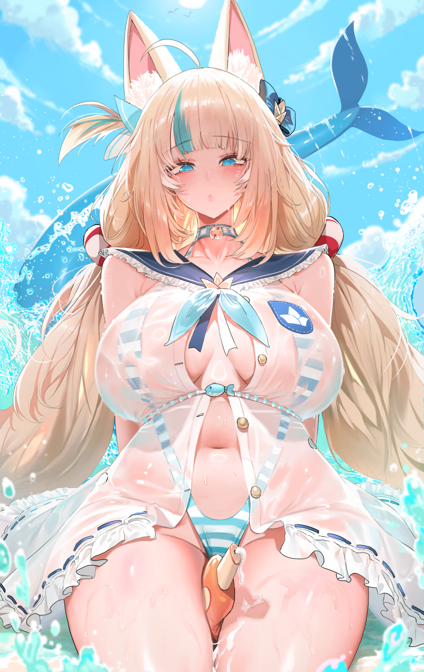 1girl absurdres ahoge alternate_breast_size animal_ear_fluff animal_ears bell between_legs blonde_hair blue_bow blue_eyes blue_hair blue_streaks blush bow breasts cat_ears cleavage closed_mouth cloud cloudy_sky day dishwasher1910 dress fins fish_girl fish_tail frilled_sailor_collar frills hair_bow highres indie_virtual_youtuber large_breasts lifebuoy_hair_ornament long_hair looking_at_viewer looking_down lotion low_twintails multicolored_hair navel neck_bell one-piece_swimsuit one_side_up open_clothes open_dress outdoors revision sailor_collar sameko_saba see-through_clothes see-through_dress shiny_skin simulated_thigh_sex sky sleeveless solo stomach streaked_hair striped_clothes striped_one-piece_swimsuit sunscreen swimsuit tail thighs twintails two-tone_hair undersized_clothes very_long_hair virtual_youtuber water wet white_dress