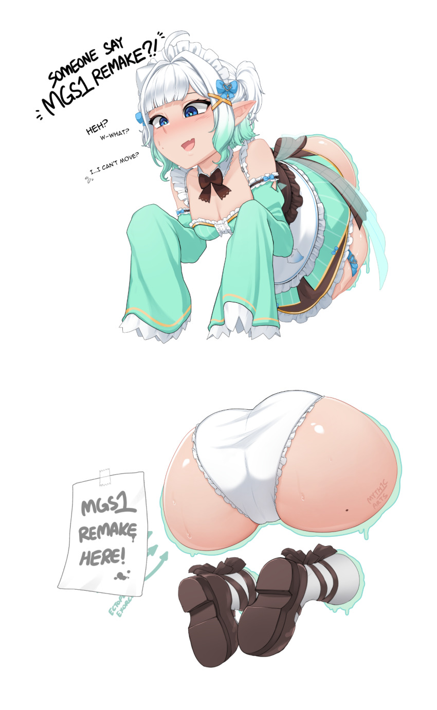 1girl ahoge apron aqua_dress aqua_sleeves artist_name ass bilingual_commentary black_bow black_shoes blue_bow blue_eyes bow cameltoe center_frills commentary detached_sleeves dress english_commentary english_text eyebrows_hidden_by_hair frilled_dress frills ghost gradient_hair green_hair hair_bow hair_ornament hairclip highres huge_ass indie_virtual_youtuber large_bow maid maid_headdress mary_janes mint_fantome mint_fantome_(minto_2.0) mixed-language_commentary mole mole_on_ass multicolored_hair myth1carts paid_reward_available panties pointy_ears shoes short_hair simple_background sleeveless sleeveless_dress sleeves_past_fingers sleeves_past_wrists solo striped_clothes striped_dress stuck through_wall triangular_headpiece two_side_up underwear vertical-striped_clothes vertical-striped_dress virtual_youtuber waist_apron wavy_hair white_apron white_background white_hair white_panties x_hair_ornament