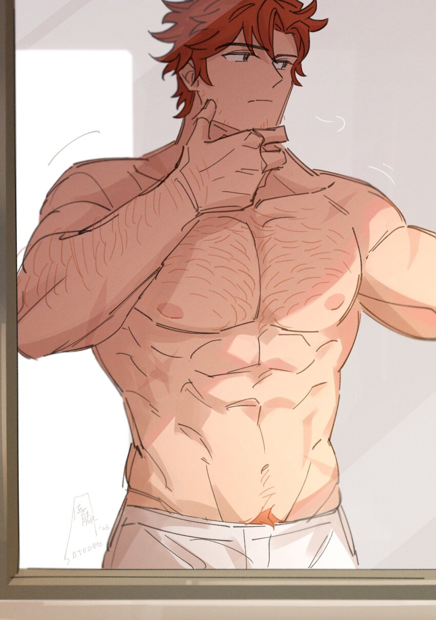 1boy abs absurdres arm_hair arm_up biceps chest_hair closed_mouth commentary english_commentary fire_emblem fire_emblem:_three_houses groin hair_between_eyes hand_on_own_face highres looking_to_the_side male_focus mirror multiple_scars muscular muscular_male naked_towel navel nintendo nipples outstretched_arm pectorals puff_of_air red_hair satodee scar scar_on_arm scar_on_shoulder sideways_glance solo sylvain_jose_gautier topless_male towel wavy_hair