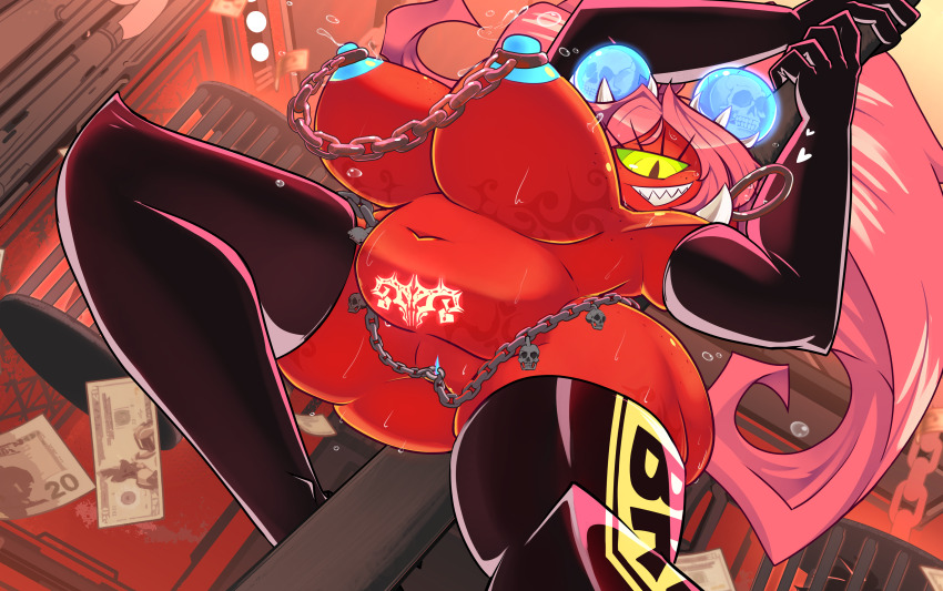 2girls absurdres banknote black_boots black_eyes black_gloves blue_nipples body_freckles boots borrowed_character cacodemon cage chain clothes_writing colored_nipples colored_sclera colored_skin commentary cookie_demon_(robotjoe) cyclops demon_girl doom_(series) doom_eternal dutch_angle elbow_gloves falling_money freckles gloves green_sclera grin hair_bobbles hair_ornament highres horns indoors looking_at_viewer money multiple_girls navel nipples nude one-eyed personification pink_hair pole pole_dancing pubic_tattoo pussy_piercing red_skin samuel_hayden sharp_teeth shoulder_spikes skull slit_pupils smile solo_focus spikes square_of_light stage_lights stripper_pole sweat tattoo teeth thigh_boots twintails uncensored variant_set