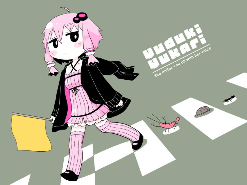 :/ ahoge alternate_eye_color animal_hood ant arms_at_sides black_eyes black_footwear black_hoodie blush_stickers bug character_name collarbone commentary_request crayfish criss-cross_halter crossing_guard crosswalk dress ebi_gohan empire_waist english_text flag full_body grey_background hair_ornament halter_dress halterneck highres holding holding_flag hood hood_down hoodie insect jitome long_sleeves looking_at_viewer pillbug pink_dress pink_hair pink_thighhighs rabbit_hood ribbed_dress ribbed_thighhighs short_dress short_hair sidelocks thick_eyebrows thighhighs voiceroid yuzuki_yukari
