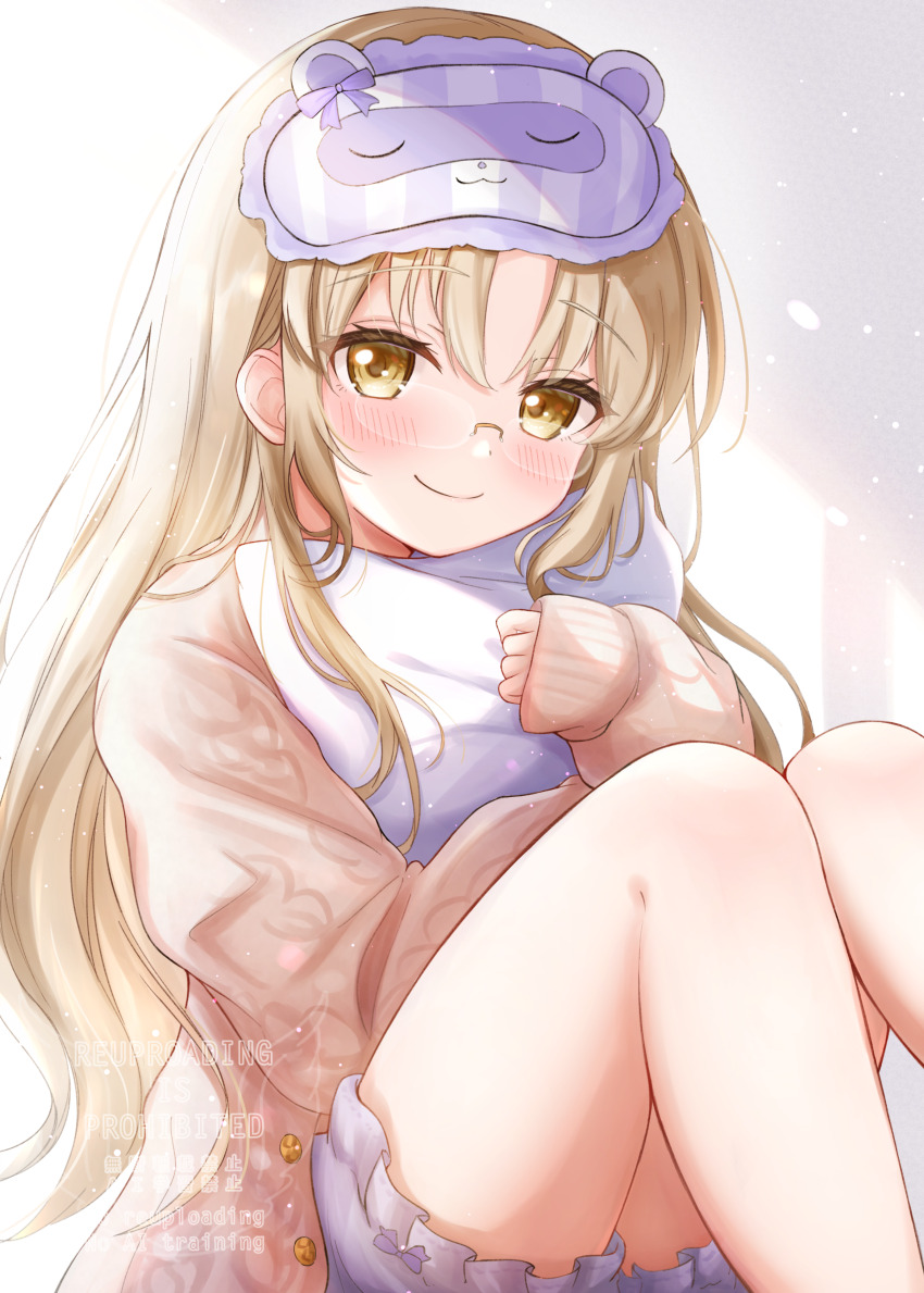 1girl absurdres blush brown_eyes glasses happy highres hug jacket long_hair looking_at_viewer matcha_november nijisanji open_clothes open_jacket parted_bangs shadow shorts sidelocks sister_claire sleep_mask smile thighs very_long_hair virtual_youtuber