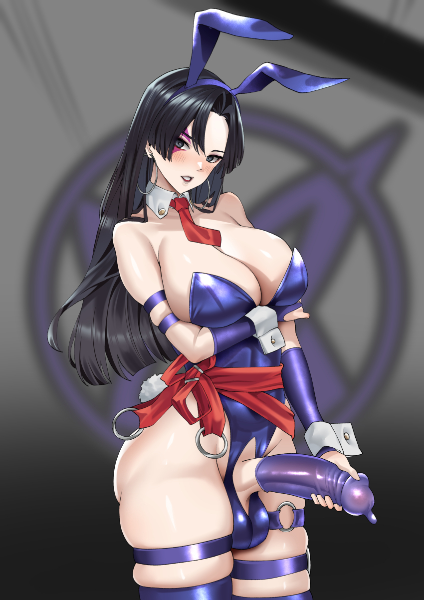 1futa absurdres animal_ears bare_shoulders black_eyes black_hair blush breasts cleavage commentary condom condom_on_penis detached_collar earrings english_commentary erection facial_mark fake_animal_ears futanari gloves grin highres jewelry large_breasts large_penis leotard long_hair looking_at_viewer marvel necktie paid_reward_available penis playboy_bunny psylocke psylocke_(vengeance) purple_gloves purple_thighhighs rabbit_ears skindentation smile solo testicles thigh_strap thighhighs wrist_cuffs wujack x-men