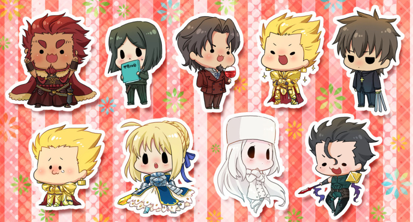 2girls 6+boys :&lt; :3 alcohol artoria_pendragon_(fate) bad_id bad_pixiv_id black_keys_(type-moon) book chibi clone diarmuid_ua_duibhne_(fate) diarmuid_ua_duibhne_(lancer)_(fate) fate/stay_night fate/zero fate_(series) gae_buidhe_(fate) gae_dearg_(fate) hachi_(gaoo) hat irisviel_von_einzbern iskandar_(fate) jitome kotomine_kirei multiple_boys multiple_girls polearm saber_(fate) sparkle spear tohsaka_tokiomi waver_velvet weapon wine
