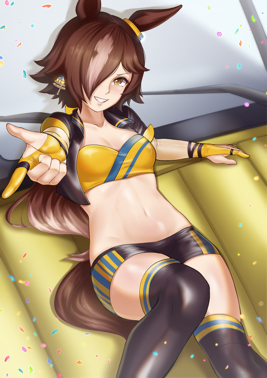 1girl absurdres alternate_costume animal_ears black_jacket black_shorts black_thighhighs breasts brown_eyes brown_hair car commentary_request confetti cropped_jacket ear_ornament fingerless_gloves gloves grin hair_between_eyes hair_ornament hair_over_one_eye highres horse_ears horse_girl horse_tail jacket micro_shorts motor_vehicle multicolored_hair navel negaska on_car one_eye_closed open_clothes open_jacket pointing pointing_at_viewer short_sleeves shorts small_breasts smile solo stomach streaked_hair tail tank_top thighhighs umamusume vodka_(umamusume) white_hair yellow_gloves yellow_tank_top